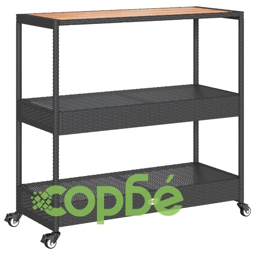 Бар количка 3 нива черен полиратан и масивна акация ➤ топ цена ➤ sorbe.bg