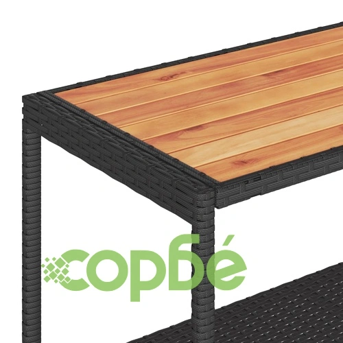 Бар количка 3 нива черен полиратан и масивна акация ➤ топ цена ➤ sorbe.bg