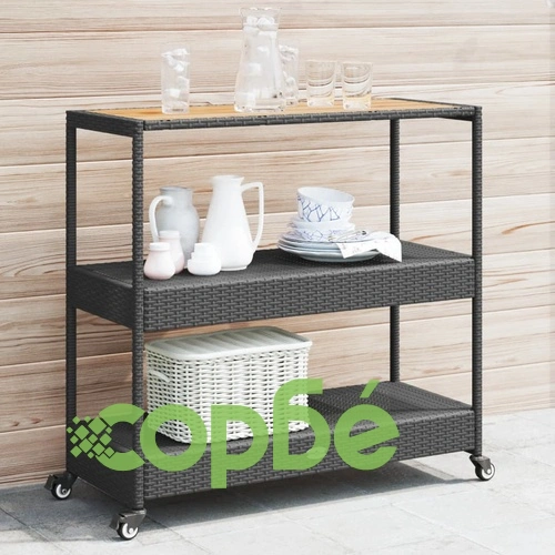 Бар количка 3 нива черен полиратан и масивна акация ➤ топ цена ➤ sorbe.bg