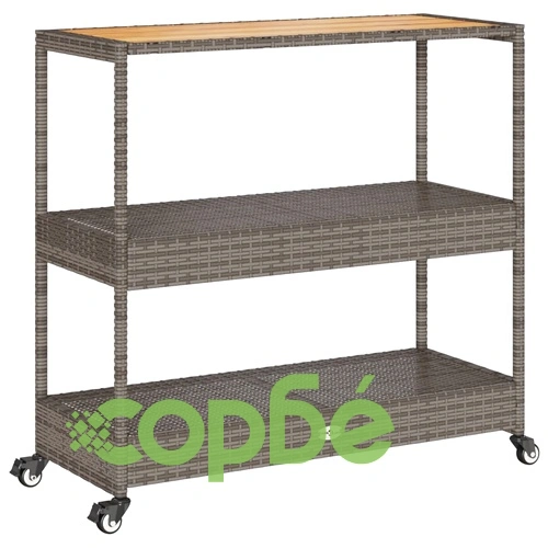 Бар количка 3 нива сив полиратан и масивна акация ➤ топ цена ➤ sorbe.bg