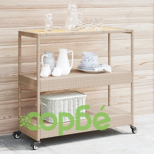 Бар количка 3 нива бежов полиратан и масивна акация ➤ топ цена ➤ sorbe.bg