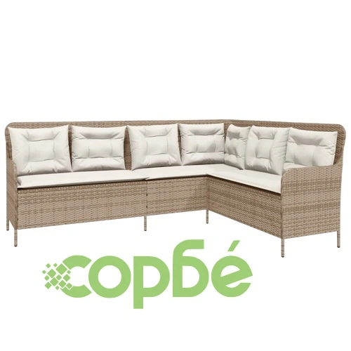 Градински диван с възглавници, ъглов, бежов, полиратан ➤ топ цена ➤ sorbe.bg