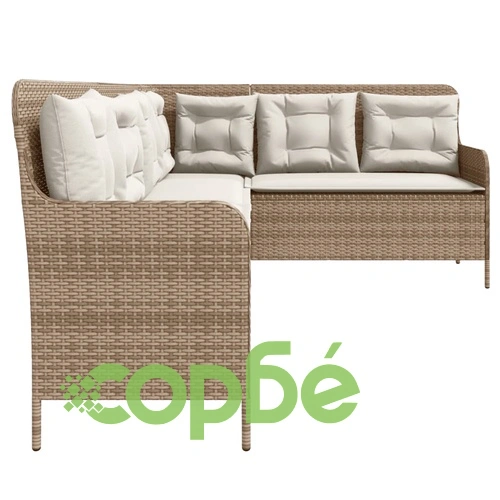 Градински диван с възглавници, ъглов, бежов, полиратан ➤ топ цена ➤ sorbe.bg