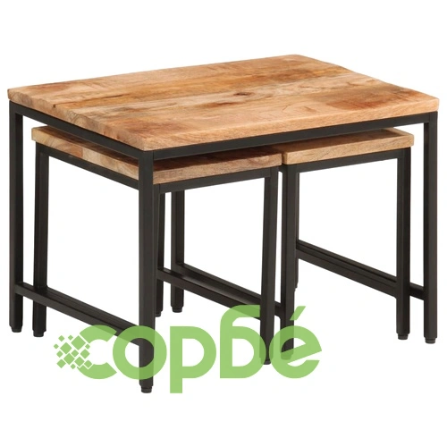 Стифиращи маси за кафе, 3 бр, дърво груб манго масив и желязо ➤ топ цена ➤ sorbe.bg
