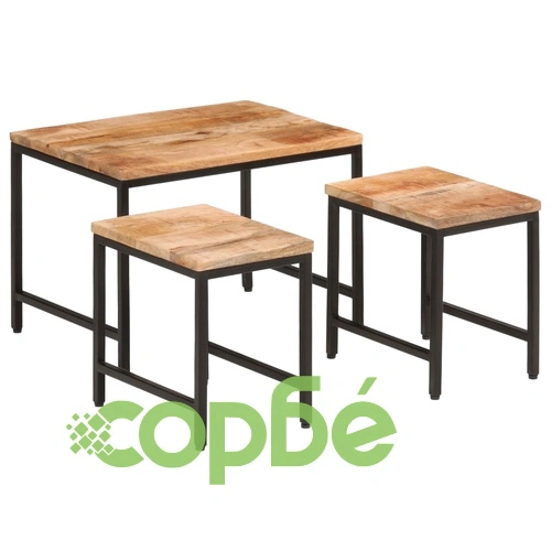 Стифиращи маси за кафе, 3 бр, дърво груб манго масив и желязо ➤ топ цена ➤ sorbe.bg