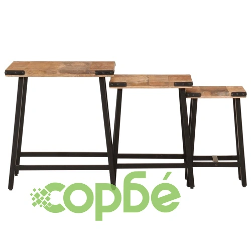 Стифиращи масички за кафе, 3 бр, мангово дърво масив и желязо ➤ топ цена ➤ sorbe.bg