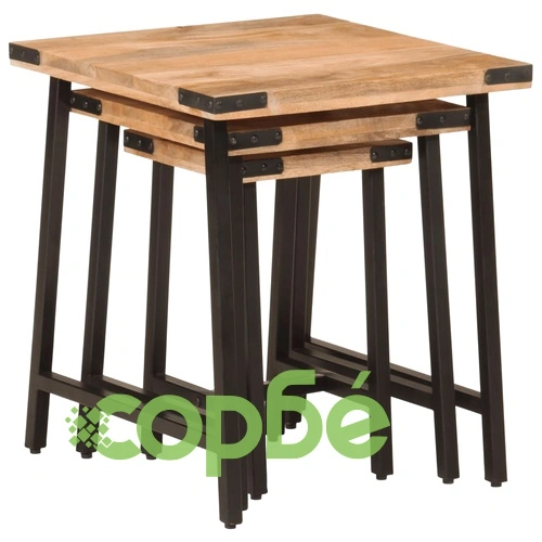 Стифиращи масички за кафе, 3 бр, мангово дърво масив и желязо ➤ топ цена ➤ sorbe.bg