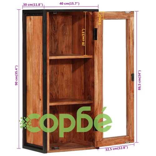 Стенен шкаф за баня 40x30x90 см масивно акациево дърво и желязо ➤ топ цена ➤ sorbe.bg