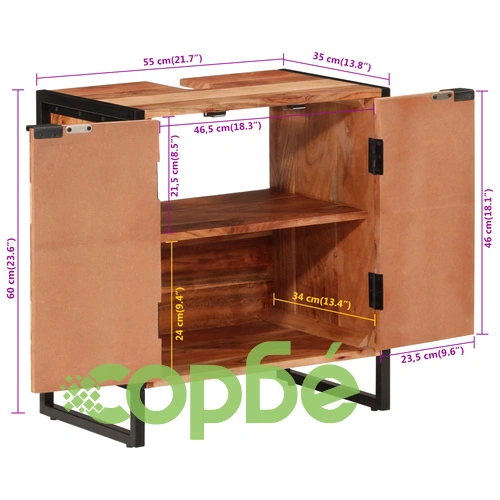 Шкаф за баня 55x35x60 см масивно акациево дърво и желязо ➤ топ цена ➤ sorbe.bg