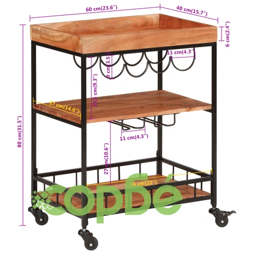 Бар количка 60x40x80 см масивно дърво акация и желязо ➤ топ цена ➤ sorbe.bg