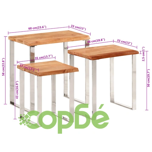 Стифиращи маси, 3 бр, с жив ръб, акация масив ➤ топ цена ➤ sorbe.bg