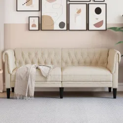 Честърфийлд диван, 2-местен, кремав, текстил