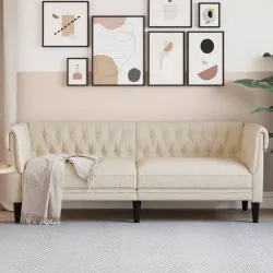 Честърфийлд диван, 3-местен, кремав, текстил