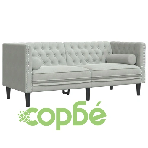 Честърфийлд диван с болстери, 2-местен, светлосив, кадифе ➤ топ цена ➤ sorbe.bg