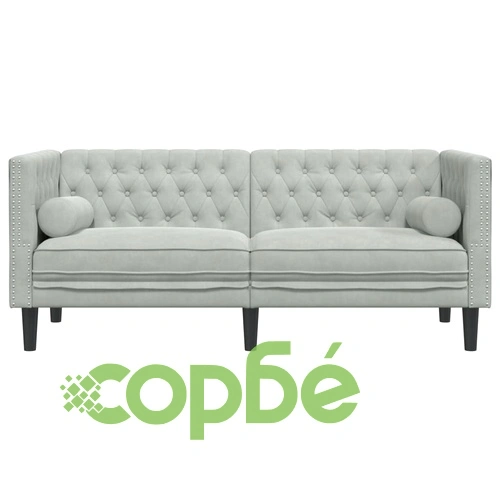 Честърфийлд диван с болстери, 2-местен, светлосив, кадифе ➤ топ цена ➤ sorbe.bg