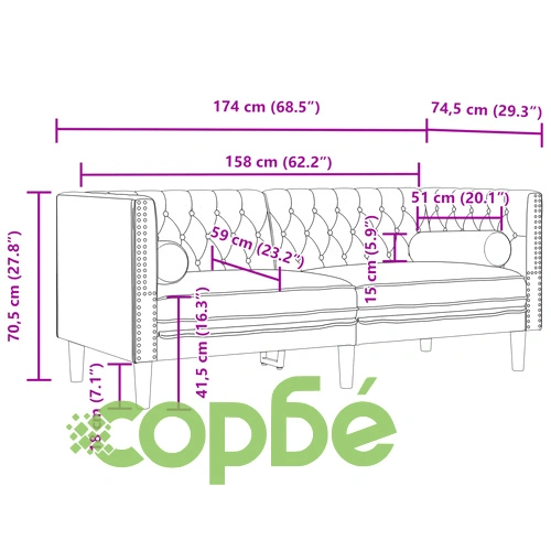 Честърфийлд диван с болстери, 2-местен, светлосив, кадифе ➤ топ цена ➤ sorbe.bg