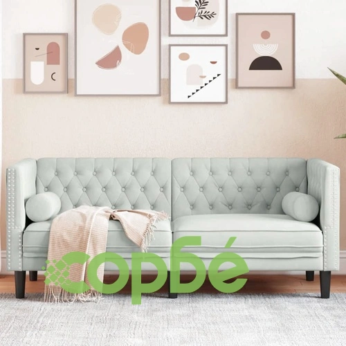 Честърфийлд диван с болстери, 2-местен, светлосив, кадифе ➤ топ цена ➤ sorbe.bg