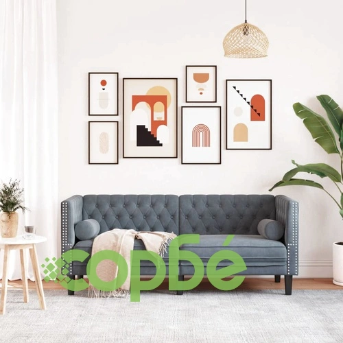 Честърфийлд диван с болстери, 2-местен, тъмносив, кадифе ➤ топ цена ➤ sorbe.bg