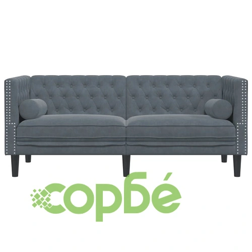 Честърфийлд диван с болстери, 2-местен, тъмносив, кадифе ➤ топ цена ➤ sorbe.bg