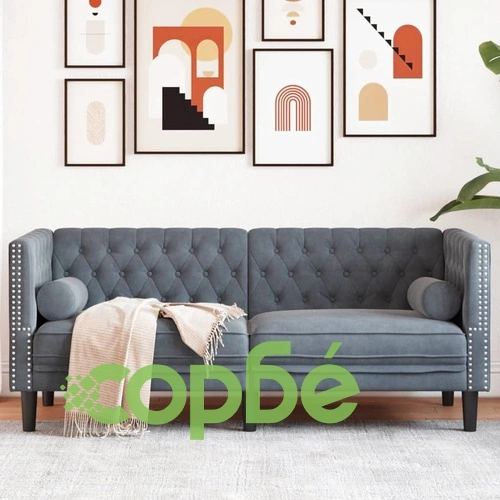 Честърфийлд диван с болстери, 2-местен, тъмносив, кадифе ➤ топ цена ➤ sorbe.bg