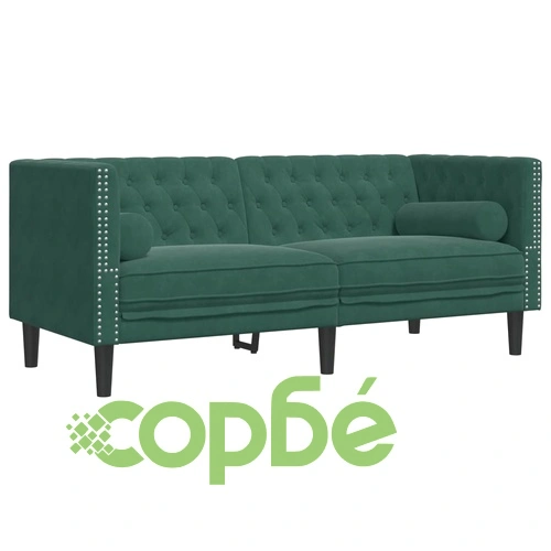 Честърфийлд диван с болстери, 2-местен, тъмнозелен, кадифе ➤ топ цена ➤ sorbe.bg