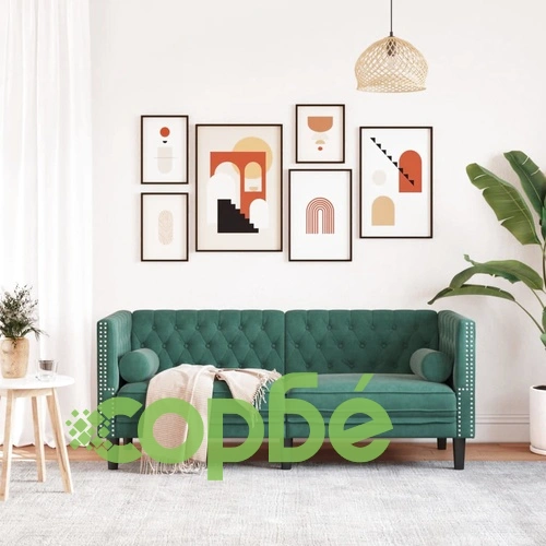 Честърфийлд диван с болстери, 2-местен, тъмнозелен, кадифе ➤ топ цена ➤ sorbe.bg