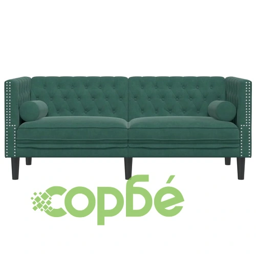 Честърфийлд диван с болстери, 2-местен, тъмнозелен, кадифе ➤ топ цена ➤ sorbe.bg