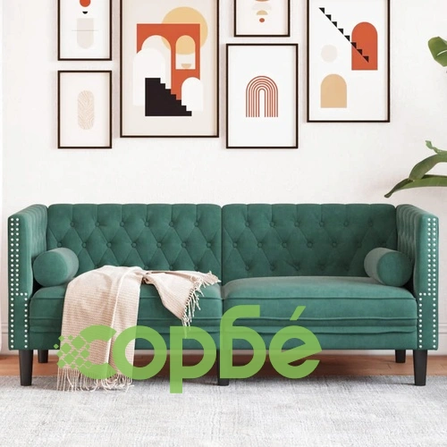 Честърфийлд диван с болстери, 2-местен, тъмнозелен, кадифе ➤ топ цена ➤ sorbe.bg
