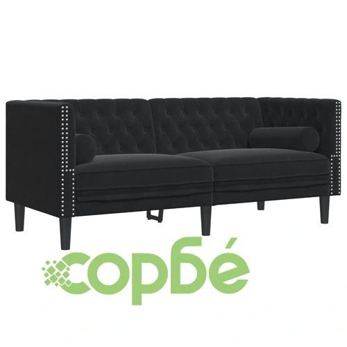 Честърфийлд диван с болстери, 2-местен, черен, кадифе ➤ топ цена ➤ sorbe.bg