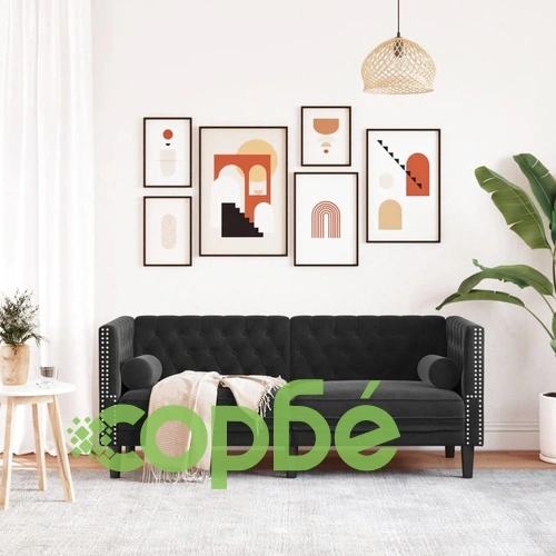 Честърфийлд диван с болстери, 2-местен, черен, кадифе ➤ топ цена ➤ sorbe.bg