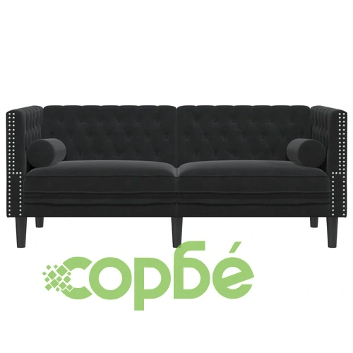 Честърфийлд диван с болстери, 2-местен, черен, кадифе ➤ топ цена ➤ sorbe.bg