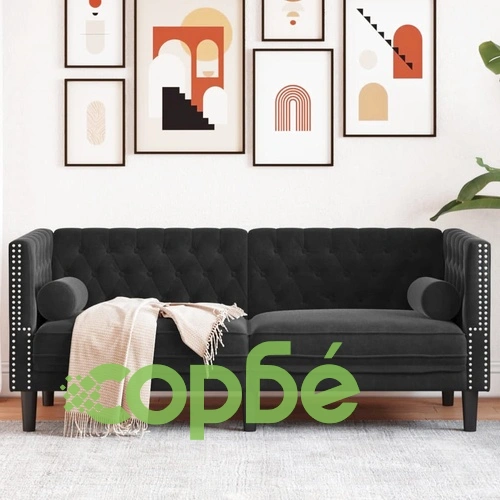 Честърфийлд диван с болстери, 2-местен, черен, кадифе ➤ топ цена ➤ sorbe.bg