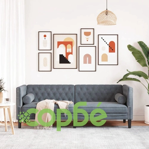 Честърфийлд диван с болстери, 3-местен, тъмносив, кадифе ➤ топ цена ➤ sorbe.bg