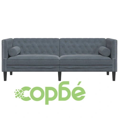 Честърфийлд диван с болстери, 3-местен, тъмносив, кадифе ➤ топ цена ➤ sorbe.bg