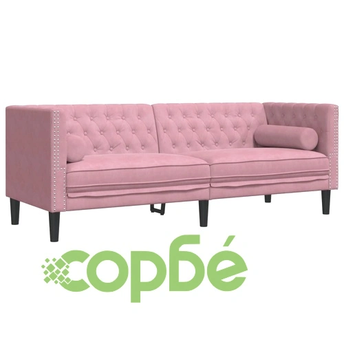 Честърфийлд диван с болстери, 3-местен, розов, кадифе ➤ топ цена ➤ sorbe.bg