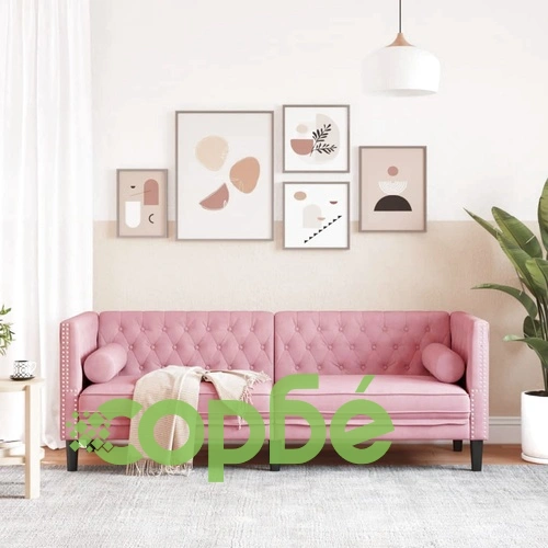 Честърфийлд диван с болстери, 3-местен, розов, кадифе ➤ топ цена ➤ sorbe.bg