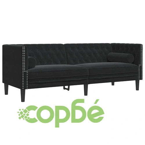 Честърфийлд диван с болстери, 3-местен, черен, кадифе ➤ топ цена ➤ sorbe.bg