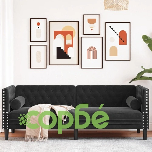 Честърфийлд диван с болстери, 3-местен, черен, кадифе ➤ топ цена ➤ sorbe.bg