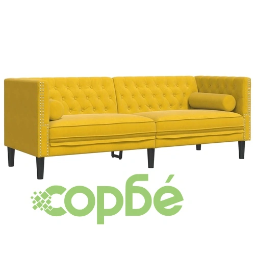 Честърфийлд диван с болстери, 3-местен, жълт, кадифе ➤ топ цена ➤ sorbe.bg