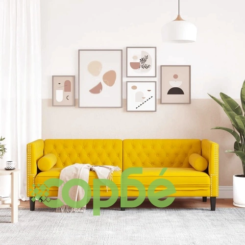 Честърфийлд диван с болстери, 3-местен, жълт, кадифе ➤ топ цена ➤ sorbe.bg