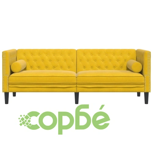 Честърфийлд диван с болстери, 3-местен, жълт, кадифе ➤ топ цена ➤ sorbe.bg