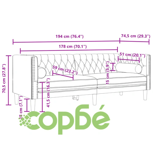 Честърфийлд диван с болстери, 3-местен, жълт, кадифе ➤ топ цена ➤ sorbe.bg