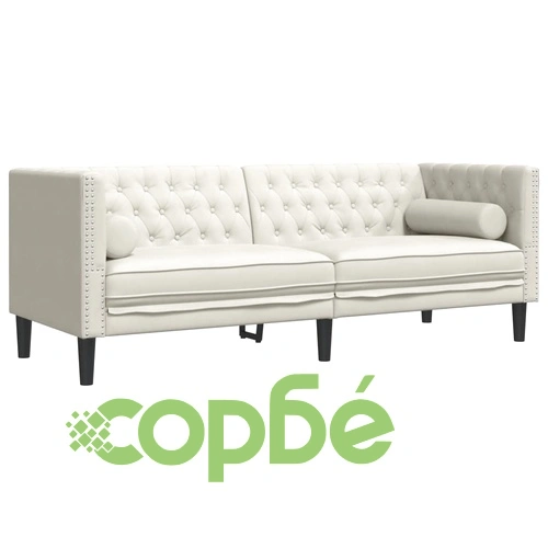 Честърфийлд диван с болстери, 3-местен, кремави, кадифе ➤ топ цена ➤ sorbe.bg