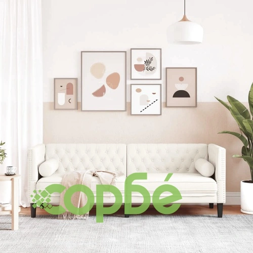 Честърфийлд диван с болстери, 3-местен, кремави, кадифе ➤ топ цена ➤ sorbe.bg