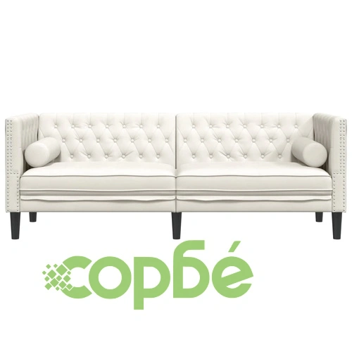 Честърфийлд диван с болстери, 3-местен, кремави, кадифе ➤ топ цена ➤ sorbe.bg