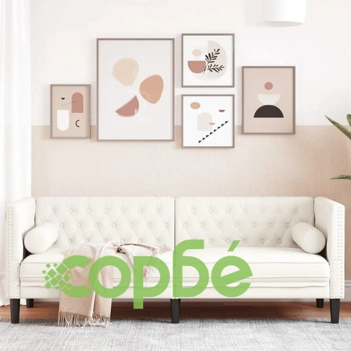 Честърфийлд диван с болстери, 3-местен, кремави, кадифе ➤ топ цена ➤ sorbe.bg