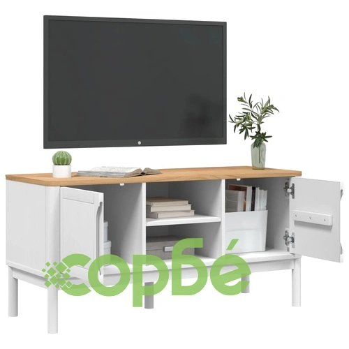 ТВ шкаф FLORO бял 114x43x55 см борово дърво масив ➤ топ цена ➤ sorbe.bg