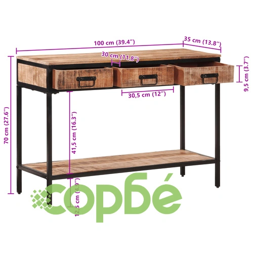 Конзолна маса, 100x35x70 см, грубо мангово дърво масив ➤ топ цена ➤ sorbe.bg