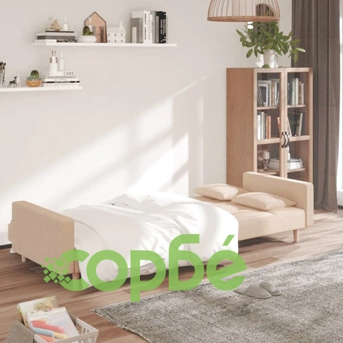 2-местно разтегателно канапе с две възглавници кремаво текстил ➤ топ цена ➤ sorbe.bg