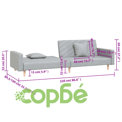 2-местно разтегателно канапе с възглавници, светлосиво, текстил ➤ топ цена ➤ sorbe.bg